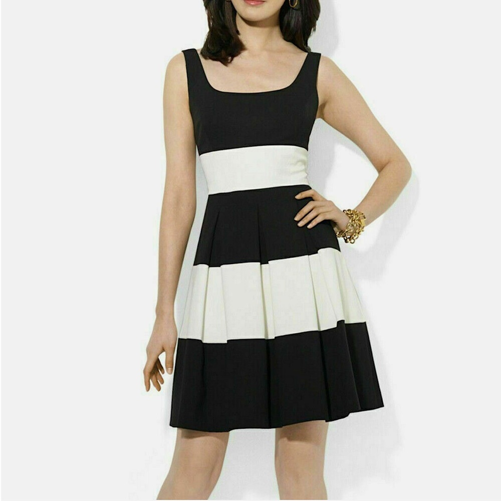 RALPH LAUREN Black Ivory Stripe Stretch Gabardine Fit Flare Sleeveless Dress